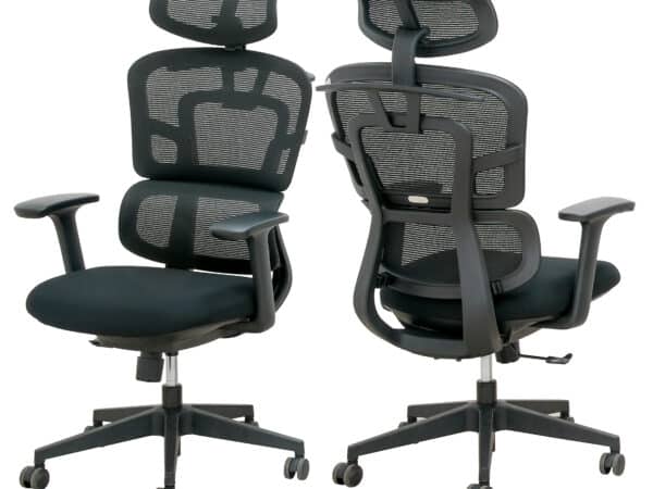 High back ergonomic office chair with black fabric seat, mesh back, and adjustable headrest model.