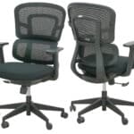 Medium back office chair with black fabric seat, mesh back, and ergonomic design.