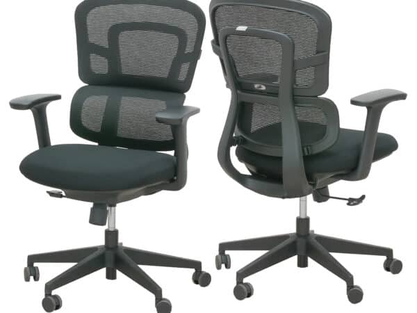Medium back office chair with black fabric seat, mesh back, and ergonomic design.