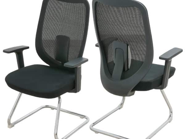Black mesh visitors chair with cantilever base.