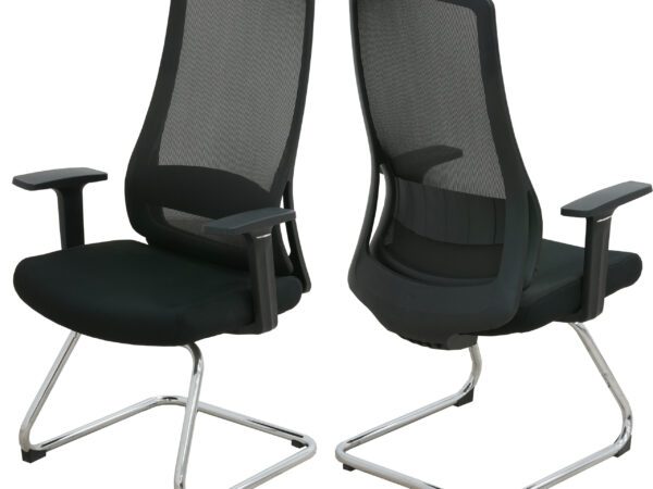 Black mesh visitors chair with cantilever base.